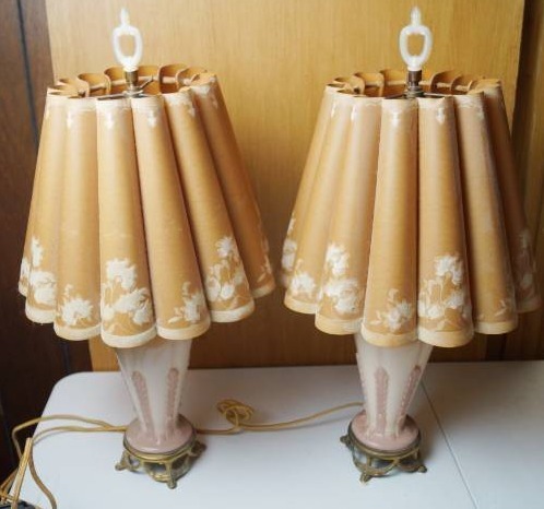 lot 1937 image: Pair of Vintage Lamps wshades - Glass Bases that light up Beautiful Glass Locks that hold the lampshade on