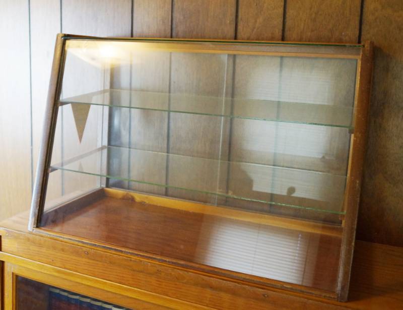 lot 1940 image: Vintage Angled Front - Glass Display Case, sliding back case doors - Nice Logod TOMS Toasted Nuts