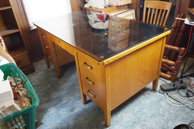 Gorgeous Vintage Wooden Office Desk W Protective Glass Top
