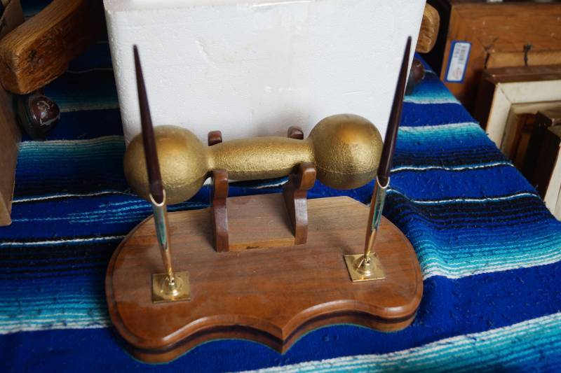 lot 1960 image: Vintage Barbell (HEAVY) Paperweight Desk Set and other misc stuff