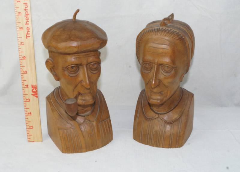 lot 1879 image: Pair of Wood Carved Older Man and Wife - These are detailed and really nice