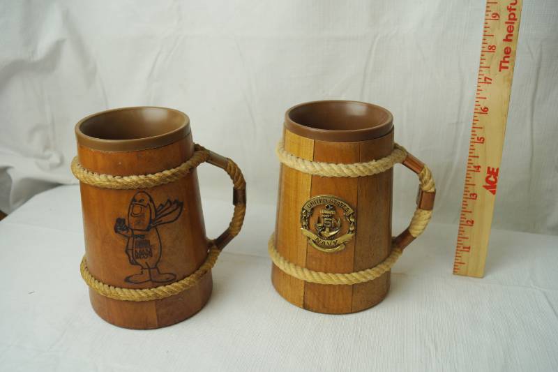 lot 1987 image: Lot of 2 Wooden Mugs - BUD MAN & U.S. NAVY w washable plastic Inserts