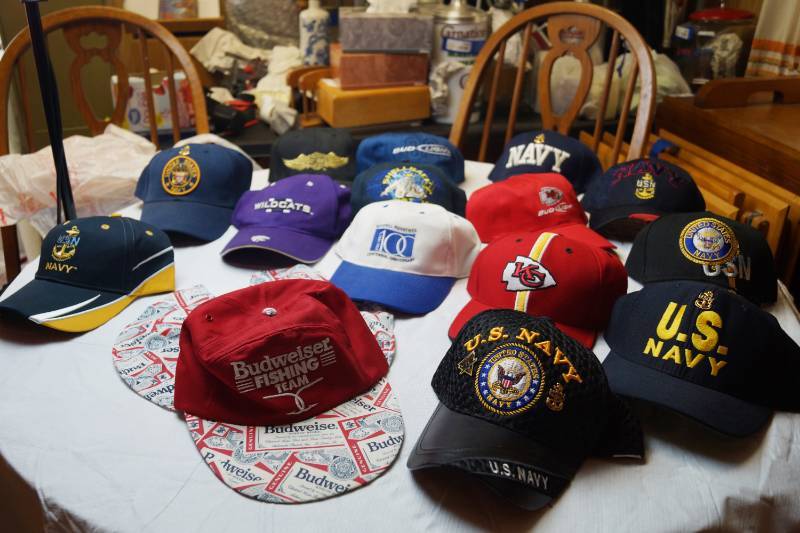 lot 1908 image: Lot of Misc. Ball Caps - Most are brand new NAVY, GMC, A&W Rootbeer, Corevette, Chiefs and MORE
