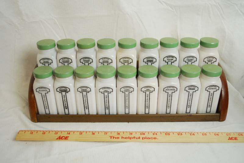 lot 2113 image: Spice Rack w Spices - Griffith Laboratories - Milk Glass - COOL