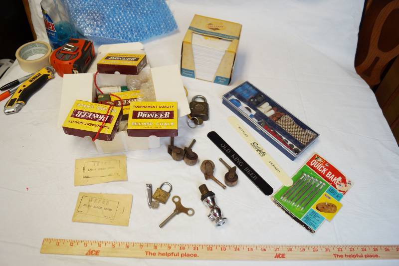 lot 2149 image: Lot of Misc. Items - Pool Cue Chalk, Wheels, Lock and Keys and More