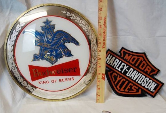 lot 1867 image: Budweiser Decorative Mirror NICE Harley Davidson Wall Sign & HD Flashlight