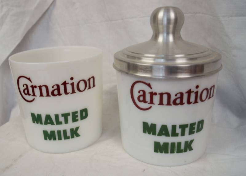 lot 1896 image: Lot of 2 Carnation Malted Milk Cannisters w 1 lid