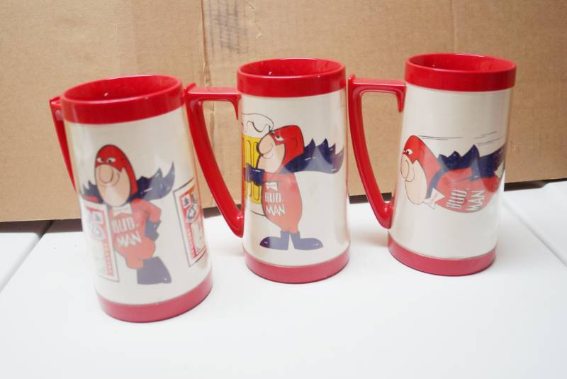 lot 2025 image: Lot of 3 Thermo-Serv Bud Man Insulated Mugs