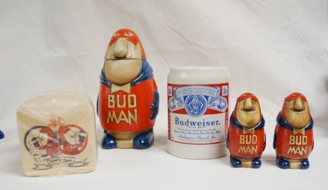 lot 2075 image: Lot of Bud Man Budweiser Memorabilia - Wall Hanging STEIN, Salt and Pepper, Bar Coasters (NEW) Ceramarte