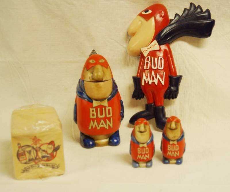 lot 2078 image: Lot of Bud Man Budweiser Memorabilia - STEIN, Salt and Pepper, Bar Coasters (NEW) Ceramarte