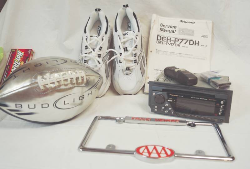 lot 2099 image: Lot of Misc. Items - Car Stereo, Bud Light Football and More - Nice Shoes size 8.5 Mens