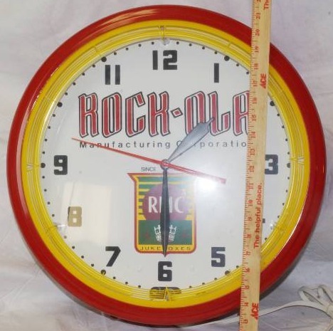 lot 2213 image: Large Rock-Ola Manufacturing Corporation Neon Clock - Almost 2 Feet Actros Note- neon is broken - New neon is on lot#2115