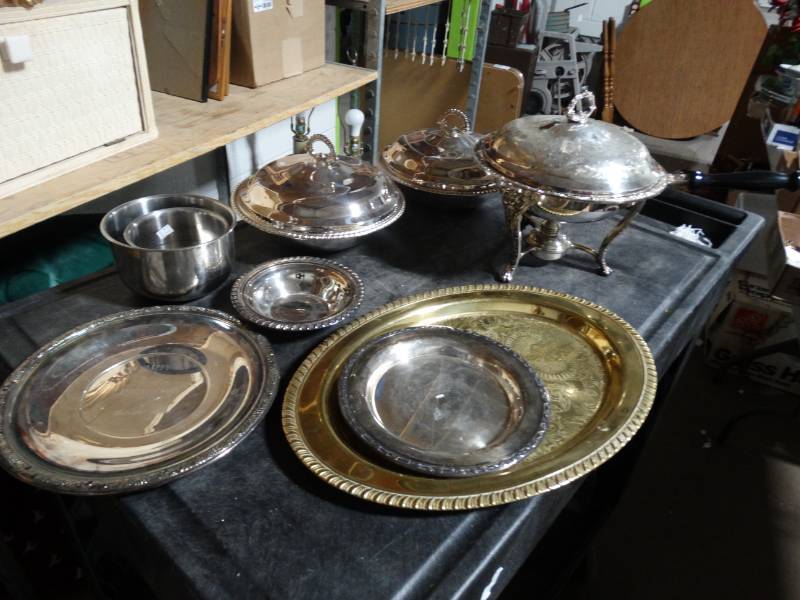 lot 17608 image: Lot of silver plated trays, cups, bowls, & more.