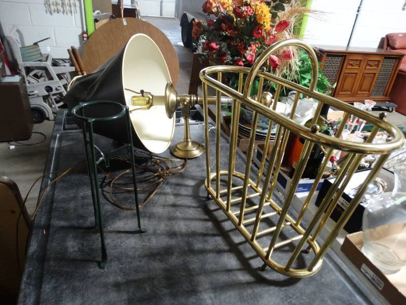 lot 17612 image: Lot of brass hanging wall lamp, magazine rack.