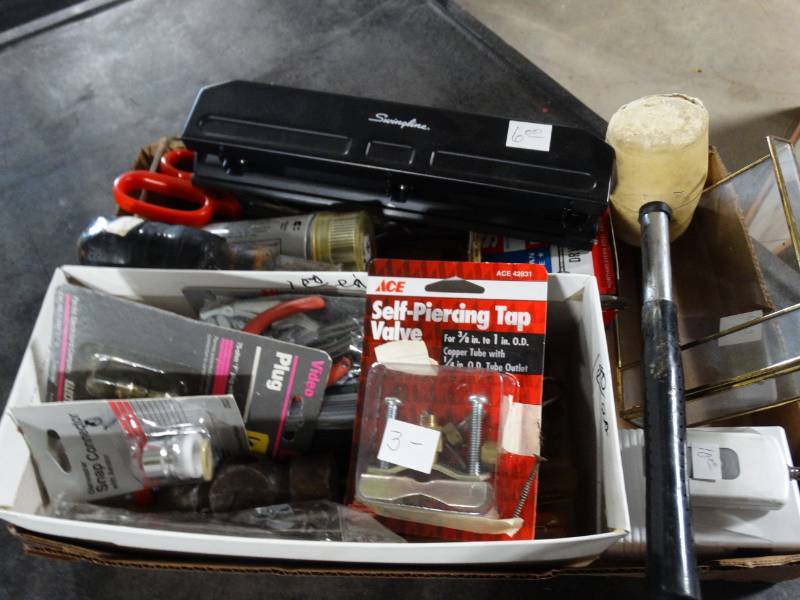 lot 17643 image: Lot of drill bits, nails, mallet, office supplies, & more.