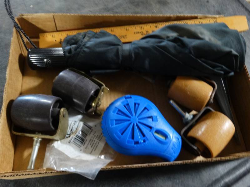 lot 17646 image: Lot of bed wheels, ruler, bracket, umbrella & more.