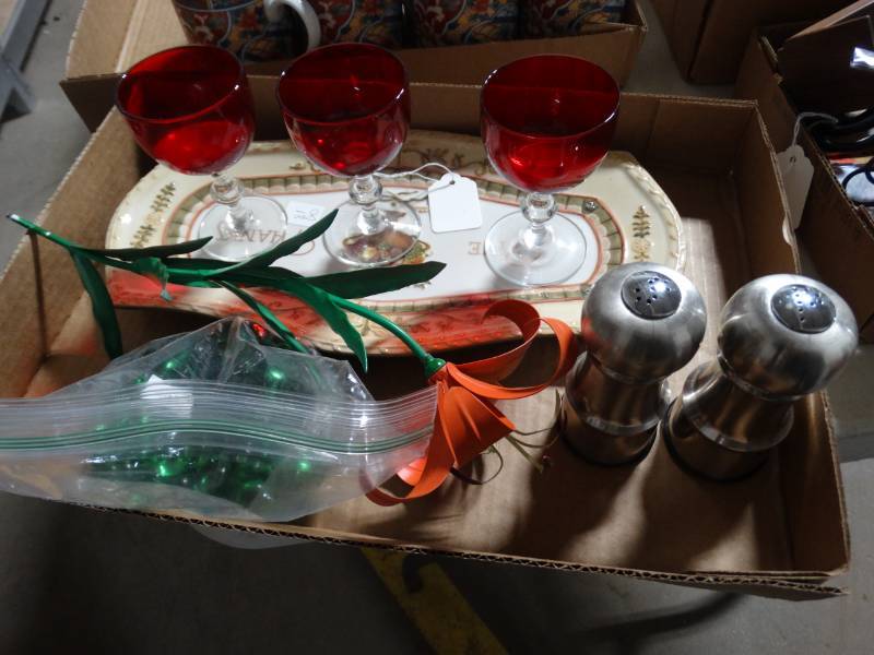 lot 17704 image: Lot of glassware, salt & pepper shakers, & decor pebbles.