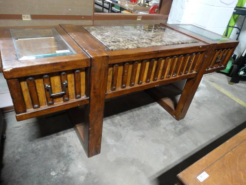 lot 17770 image: Nice wooden marble top desk wglass top drawers.