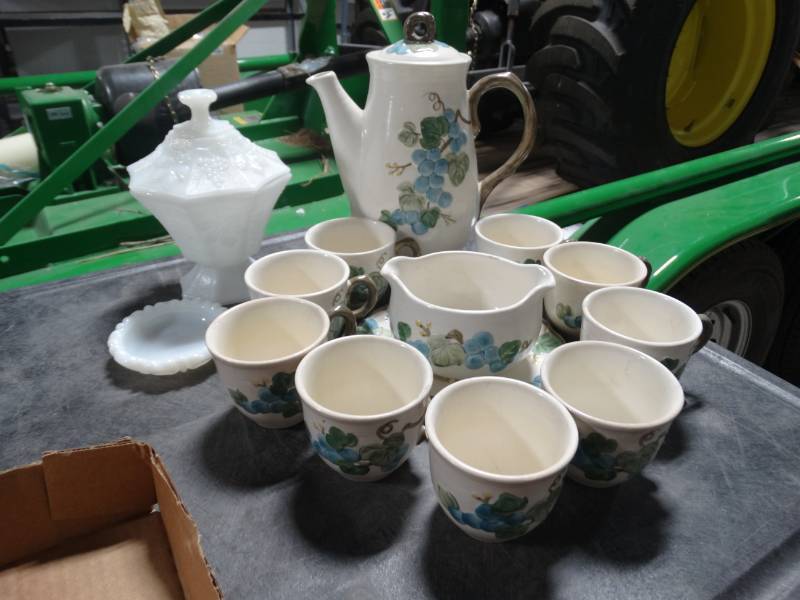 lot 17864 image: Tea set & vintage milk glass candy dish & more.