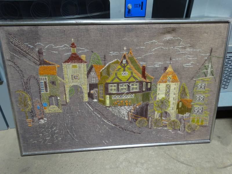 lot 17889 image: Framed knitted wall art.