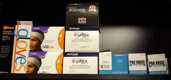 lot 1094 image: Vinyl Gloves, Head Wraps, End Wraps Dispensers, Jumbo End Wraps Lot