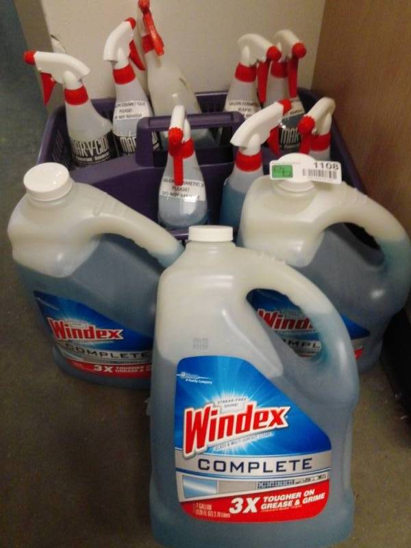lot 1108 image: Gallons and Spray Bottles of Windex Cleaner