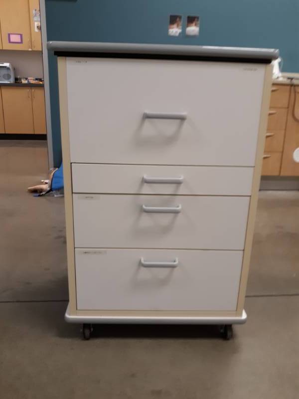 lot 3073 image: Rolling Table Cabinet with 4 Drawers Top Slides Open