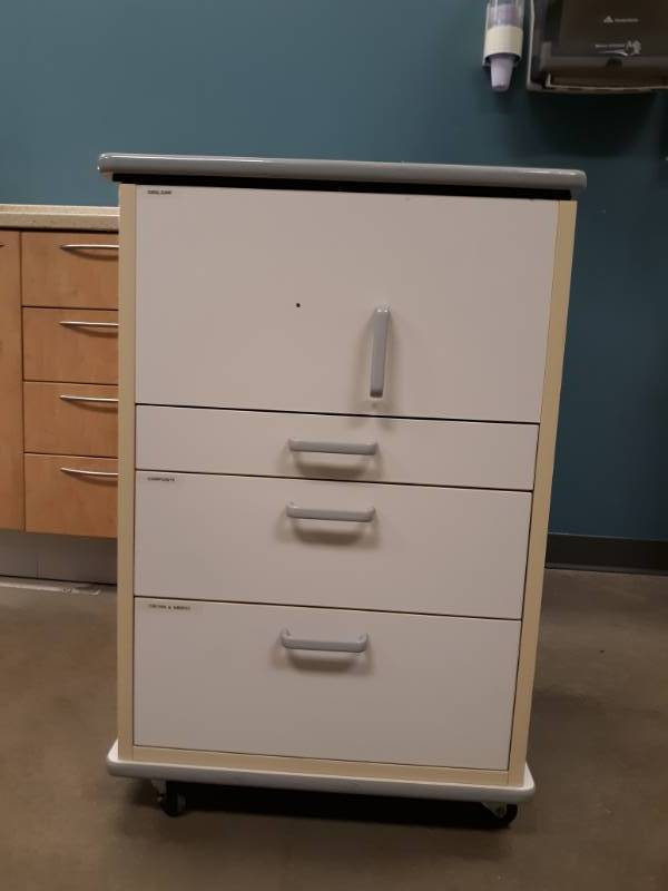 lot 3071 image: Rolling Table Cabinet with 4 Drawers Top Slides Open