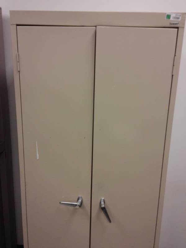 lot 3119 image: Metal Two Door Storage Cabinet Contents Included