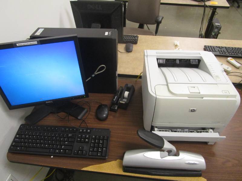 lot 3191 image: Dell Optiplex 780 with Monitor, Mouse  & Keyboard HP CE462A Printer  P2035N Monochrome 3 Hole Punch, Stapler and Tape Dispenser