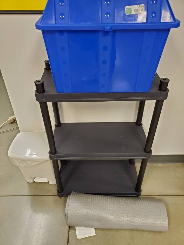 lot 3666 image: Plastic Treasure Chest, Shelf and Trash Can