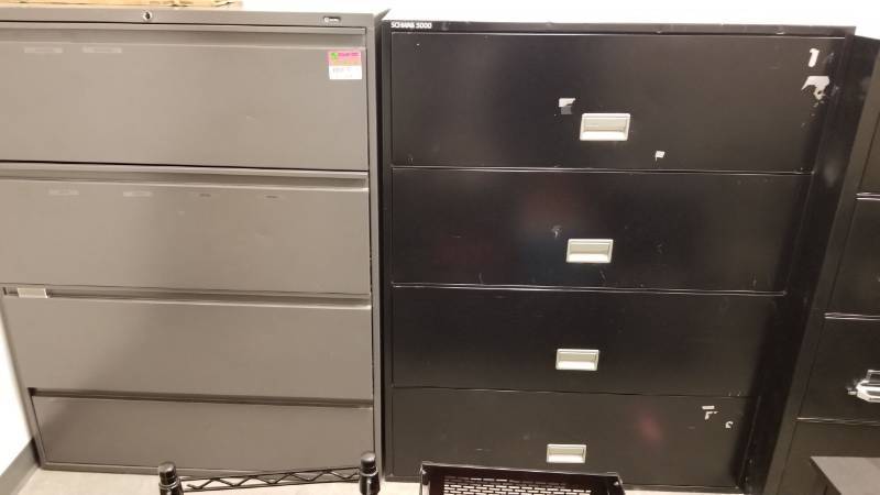 lot 9015 image: Pair of for drawer lateral file cabinets 1 Gy 1 black