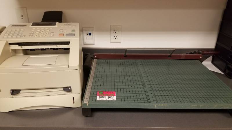 lot 9036 image: Large paper cutter and fax machine