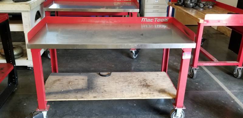 lot 8150 image: MAC Tools Steel Table SS Top Wood Undershelf Rolling Workbench
