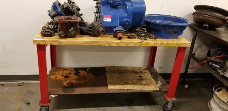 lot 9519 image: Rolling Steel Work Table with Wood Top and Undershelf Contents Not Included