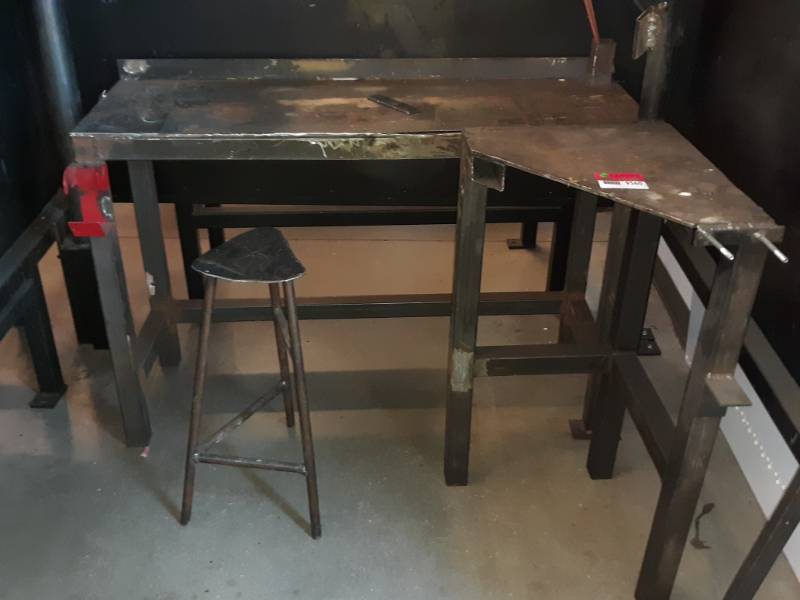 lot 9560 image: Steel Tables and Work Bench Stool