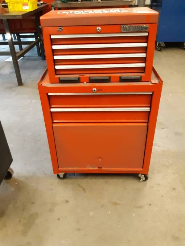 lot 9610 image: Westward Metal Toolbox on Metal Coordinating Cart All Contents Included