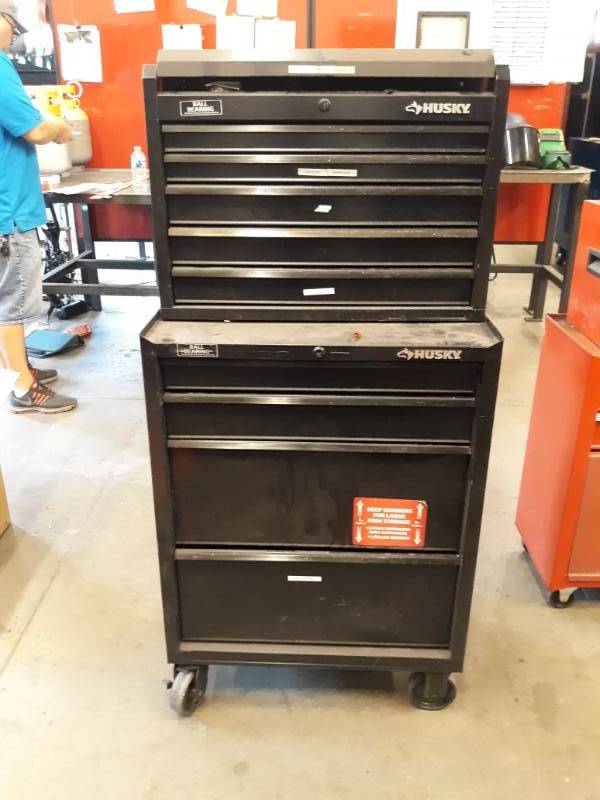 lot 9611 image: Husky Metal Toolbox on Metal Coordinating Cart All Contents Included