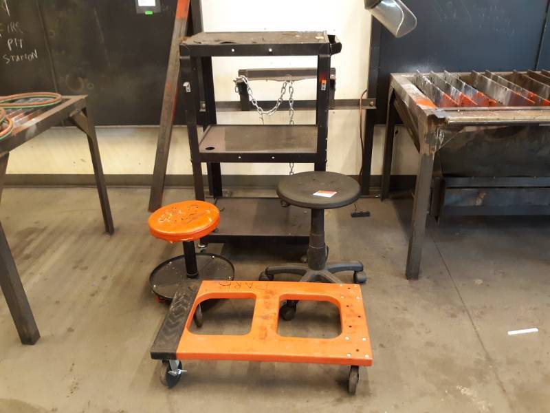 lot 9630 image: Rolling Cart for Moving Objects, 2 Rolling Stools and AV Metal Cart