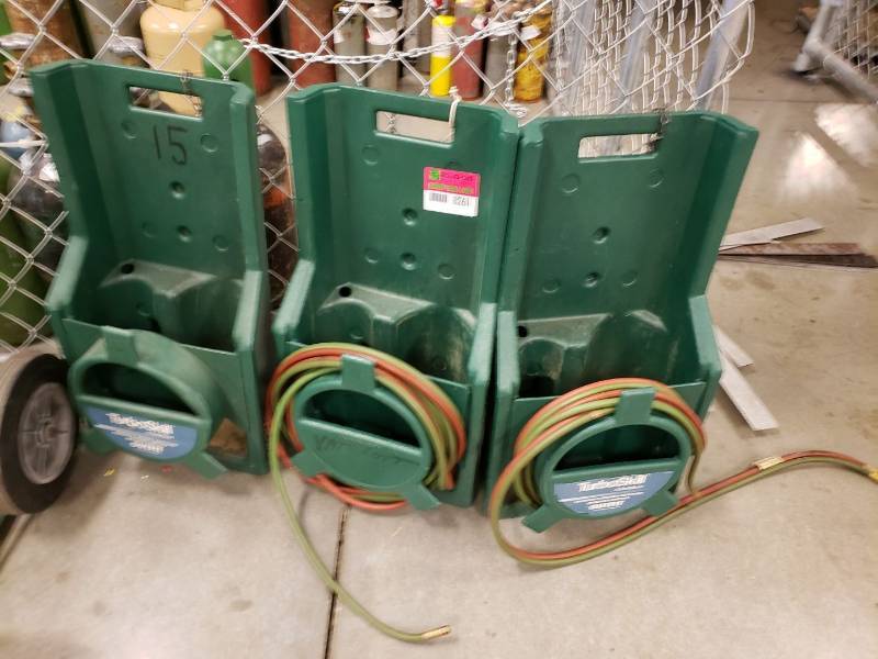 (3) Oxygen acetylene Tank holders with hoses Mechanical Vatterott