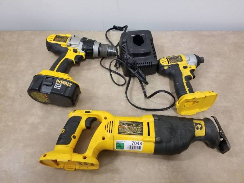 lot 7048 image: Dewalt 18V 12in Drill, Dewalt Variable Speed Reciprocating Saw, Dewalt 14in Impact Driver