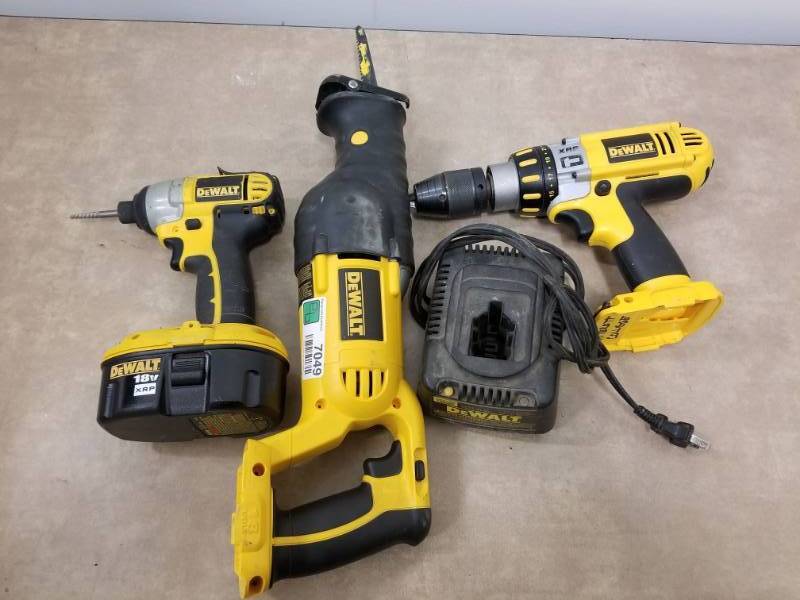 lot 7049 image: Dewalt 18V 14in Impact Driver, Dewalt Reciprocating Saw, Dewalt 12in Drill