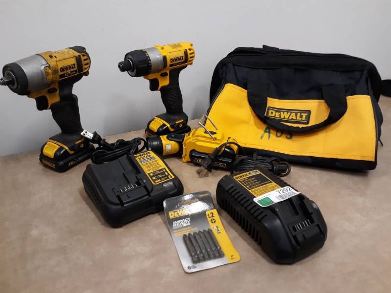 lot 7292 image: DeWalt Impact Wrench Model #DCF813, DeWalt Power Screwdriver Model # DCF610 with Chargers and Extra Phillips Bits, Clip-on Light