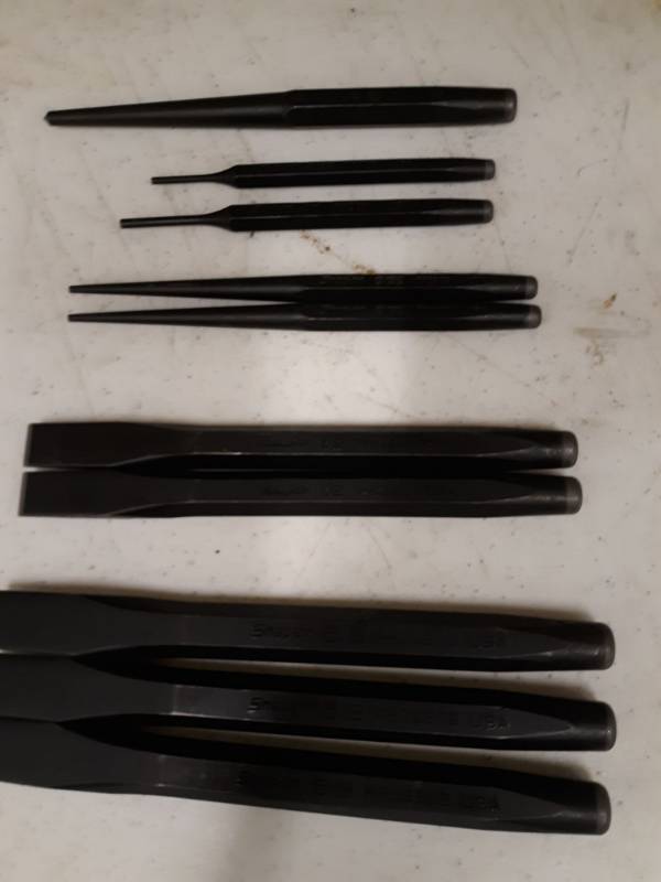 lot 7399 image: Snap-on Punches & Chisels , 5 Flat Head Chisels 58 & 12, 5 Punches 332, 18, & 316