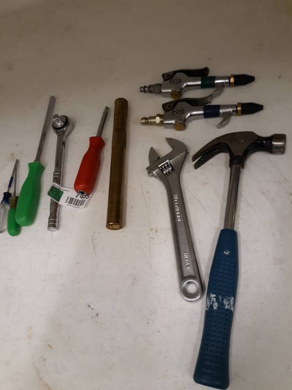 lot 7405 image: 2 Air-chucks, Crescent Wrench, Hammer, Screwdrivers and More