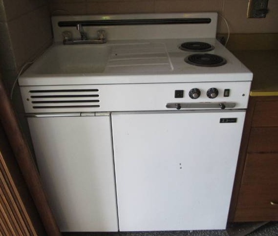 lot 5117 image: Dwyer Metal Porcelain Top Mini Fridge, Sink - Two Burner Stove Combo - Vintage