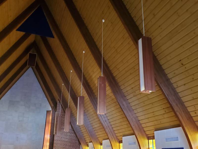lot 5220 image: Ceiling Mount Dropped Light Fixtures Wood - Buyer Must Remove from Vaulted Ceiling