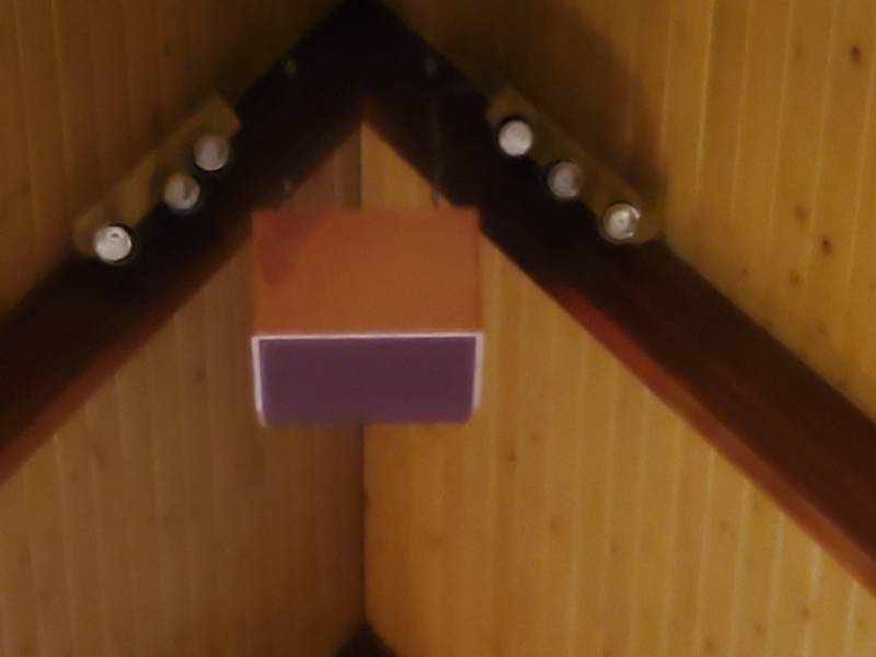lot 5226 image: Ceiling Mount Wood Speakers and Spotlights- Buyer Must Remove from Vaulted Ceiling