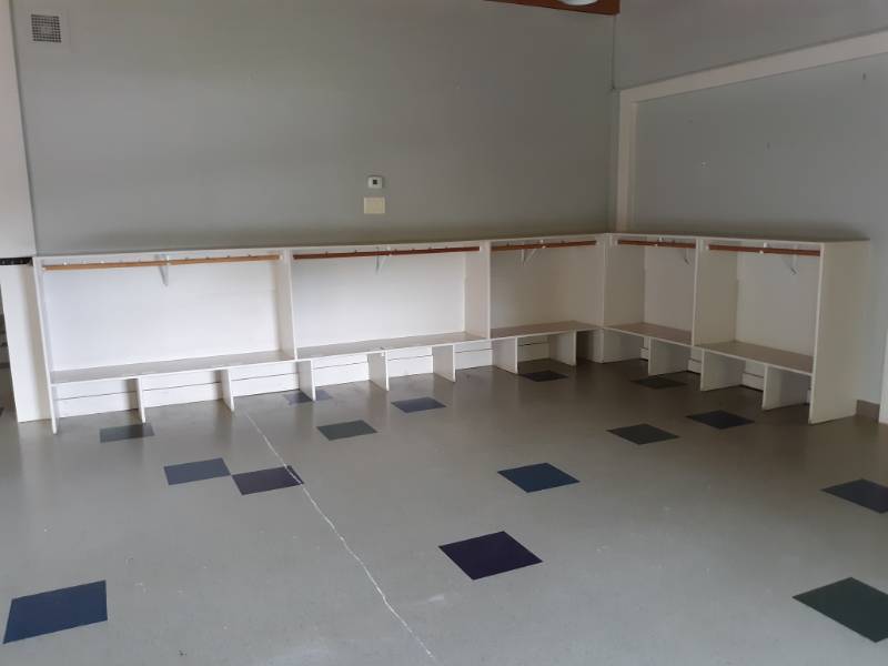 lot 5198 image: Complete Corner full of Cabinets  Storage Cubbies - Buyer Must Remove