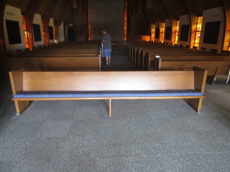 lot 5041 image: 12 Church Pew Blue Upholstered Some may have scratches or minor damage Please Inspect